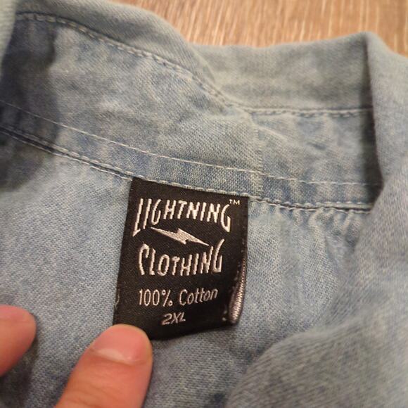 VTG Biker Cutoff Men XXL Button Up Denim Shirt Skull Cards Dice Guns Punk Flame - Picture 3 of 7